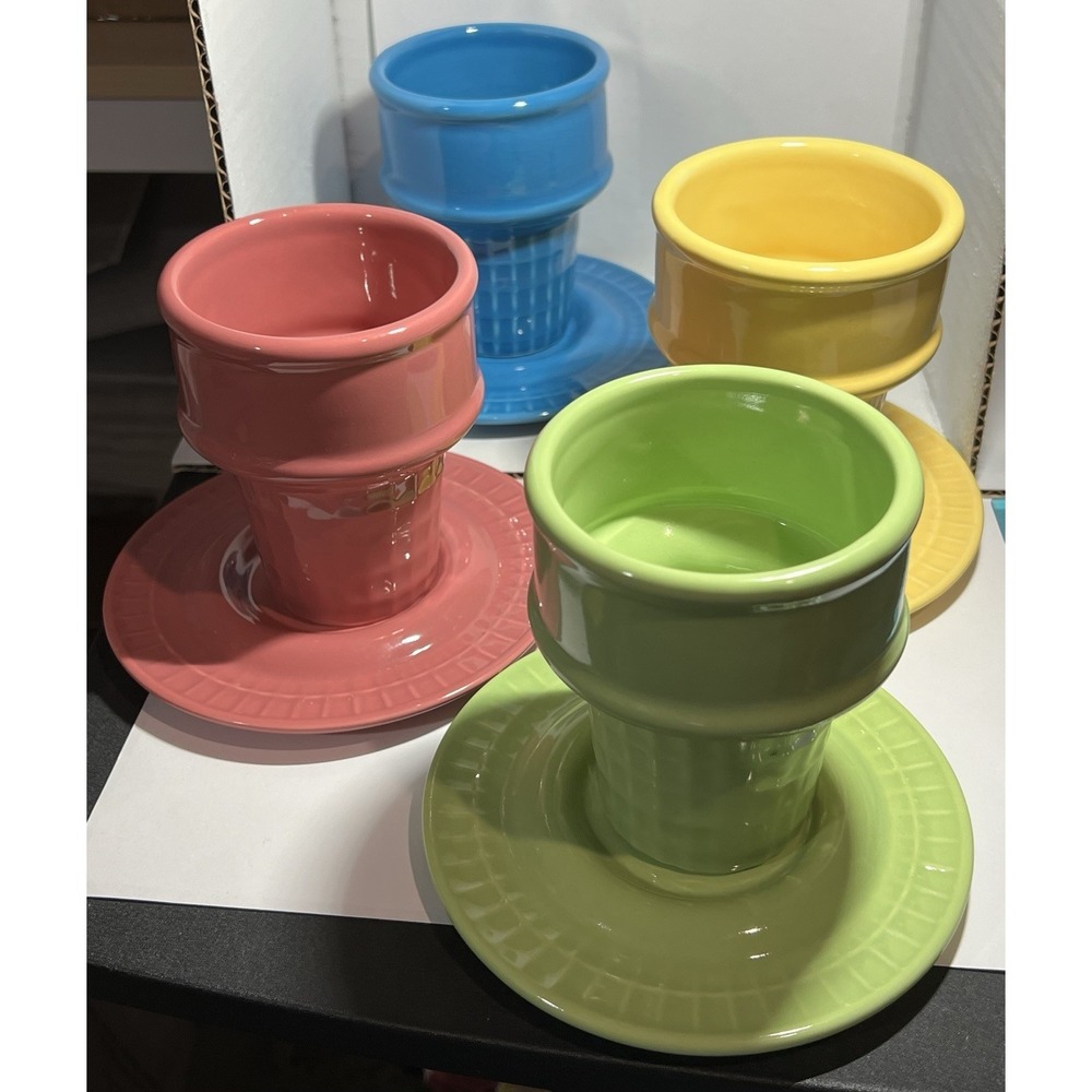 Vintage Ceramic Ice Cream Cone Cup & Saucer by  The Monkey & The Peddler Set 4